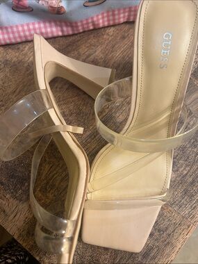 GUESS Beige Nude Clear-Strap Block Heel Sandals
